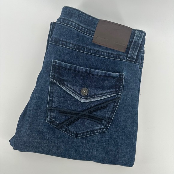 TK Axel Slim Boot Jeans Mens 34x30 Dark Wash Denim Designer Back Pocket - Picture 1 of 16